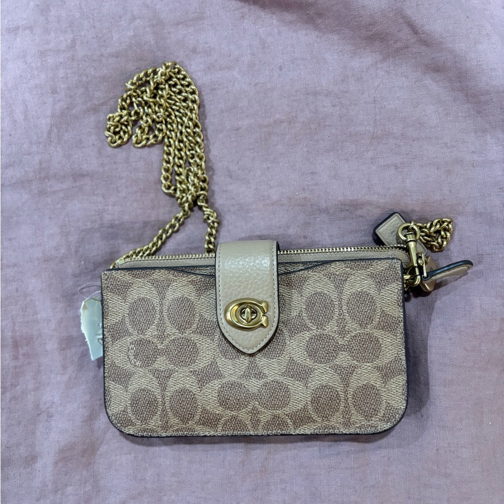 Coach Signature Canvas Small Crossbody Wallet in Taupe and Beige